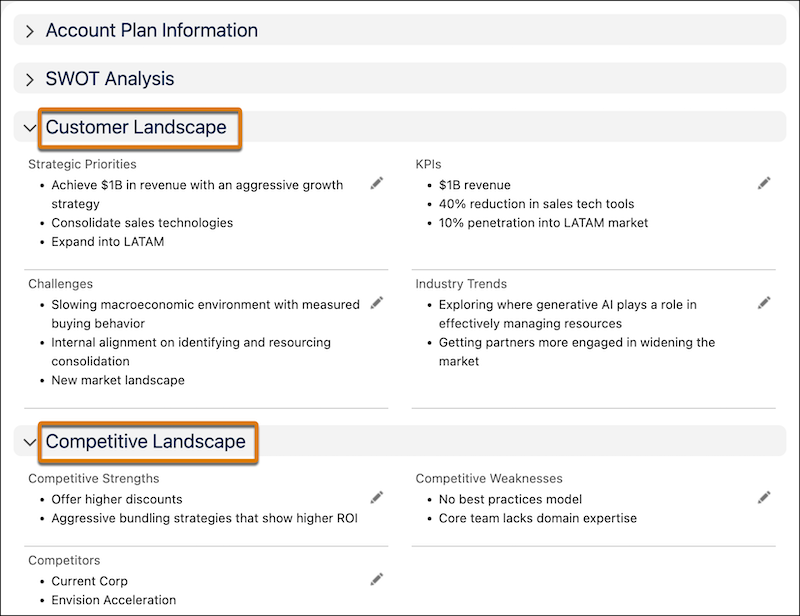 The sales account plan details page with callouts for the Customer Landscape and Competitive Landscape sections