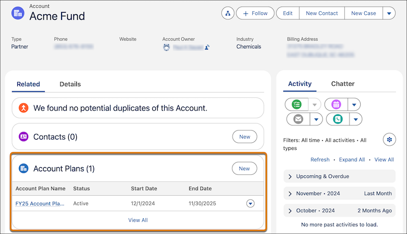 An Account record page showing the Account Plans related list and the button to create an account plan