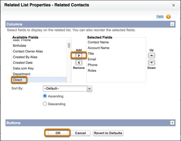The Related LIst Properties dialog box, with the Direct field and Add and OK buttons highlighted