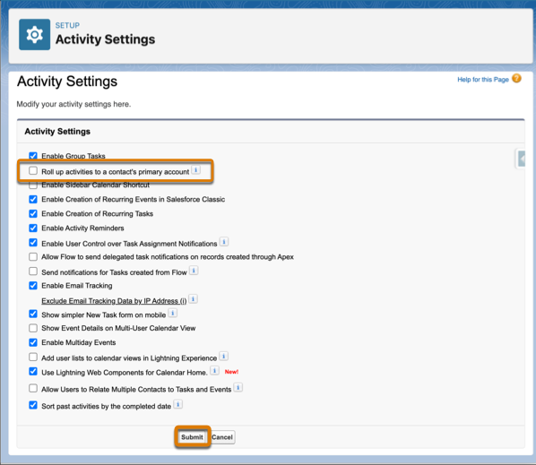 The Activity Settings Setup page, with the Roll up activities to a contact's primary account checkbox and the Submit button highlighted
