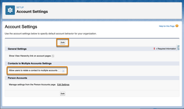 The Account Settings page, with the Allow users to relate a contact to multiple accounts checkbox and the edit button highlighted