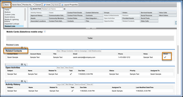 The enhanced page layout editor, with the Related Contacts related list, Direct field, and Save button hightlighted