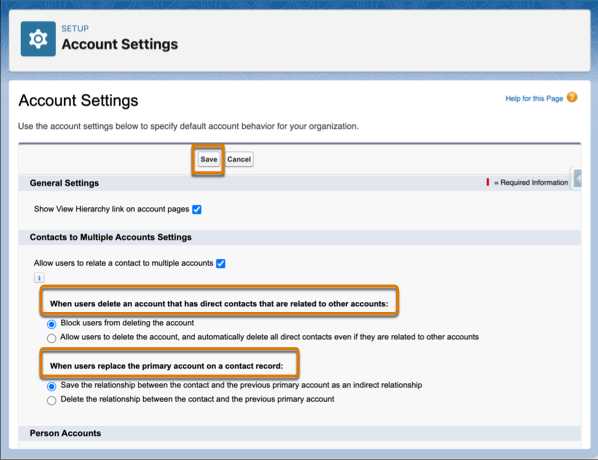 The Account Settings page, with the Contacts to Multiple Accounts Settings and the Save button hightlighted