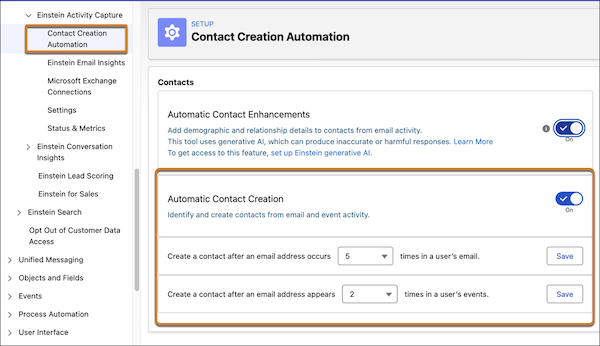 Configuración de automatización de creación de contactos en Configuración con umbrales de correo electrónico y eventos resaltados.