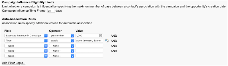 Setup page that shows Eligibility Limits and Auto-Association Rules forms, which provides Field, Operator, and Value options.