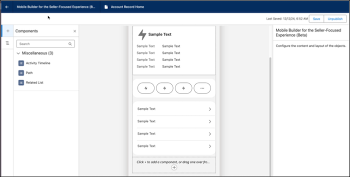 The mobile builder for seller-focused experience with an example configuration.