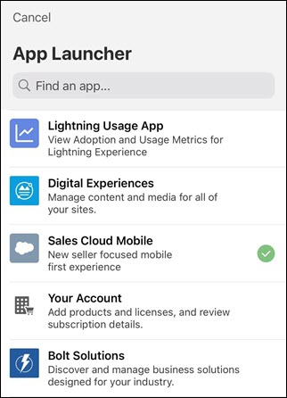 The app launcher screen with Sales Cloud Mobile selected