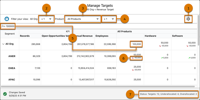 The Manage Targets window, showing options for viewing your products, goals, and targets