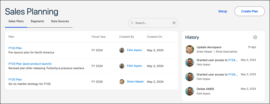 Sales Planning home page