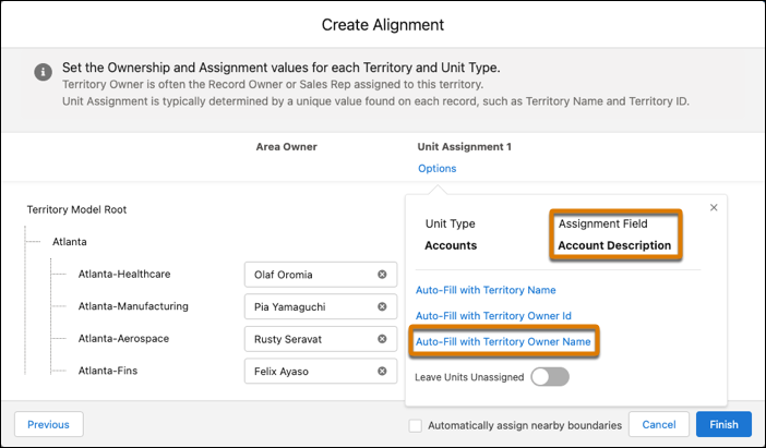 Options to add area owners and assignments