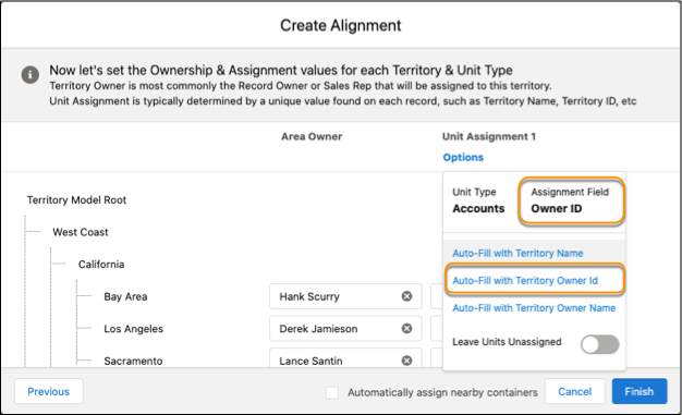Options to add area owners and assignments