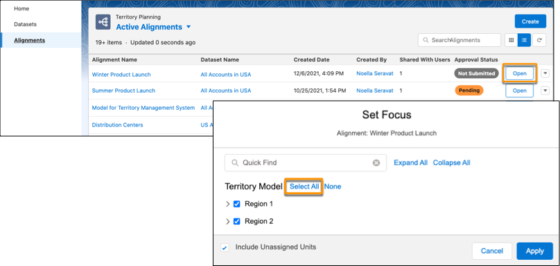 New alignment that you created with the focus set to show all top-level areas and unassigned units
