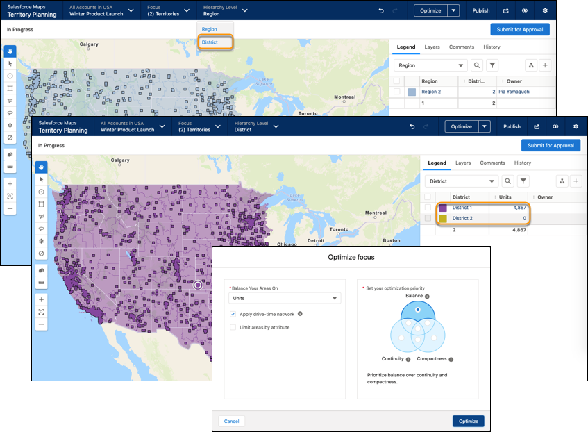 Focus changed from showing regions to districts and optimization options