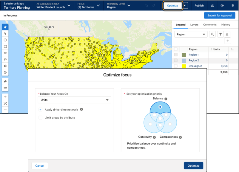 Unassigned units and top-level areas on the map with optimization set for balance