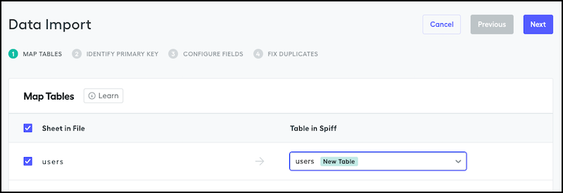 Data Import wizard, showing the Map Tables step with the users table selected