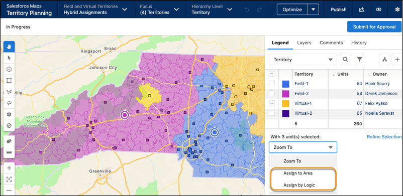 Cross-hatched area assignments to reassign to the area's owner