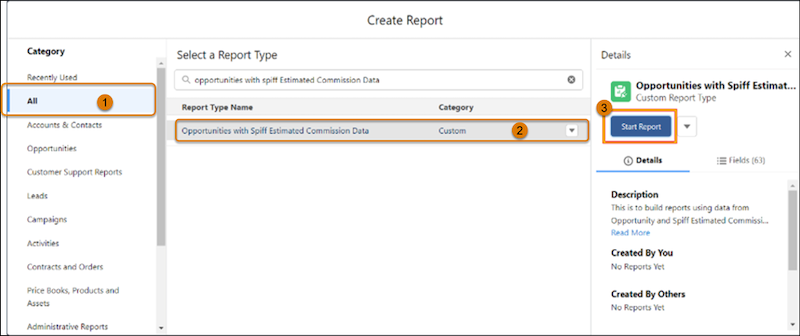 Options for creating a report.