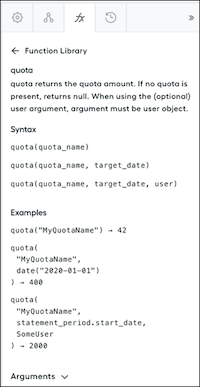 Function tab, showing details for the quota function