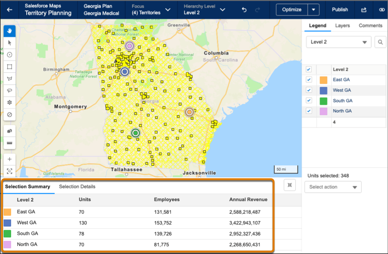 Selection summary showing territory metrics