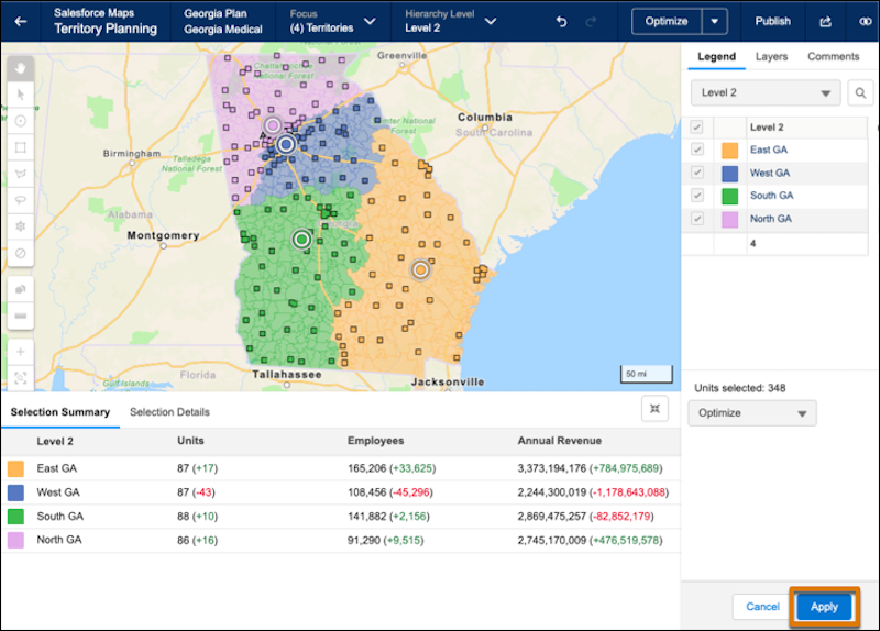 Selection summary showing assignment changes after optimization