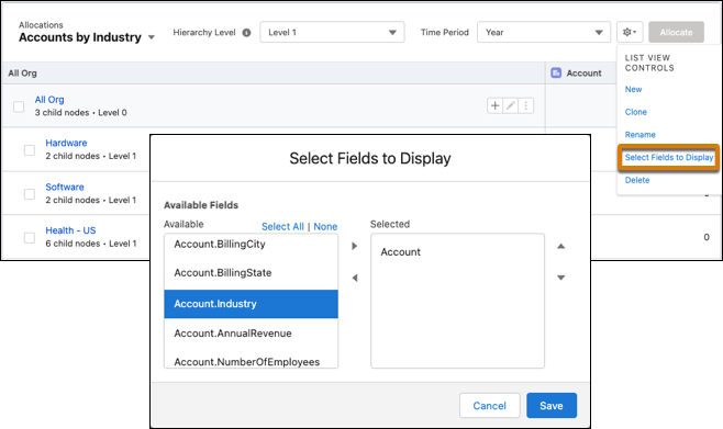 Available columns for the new list view