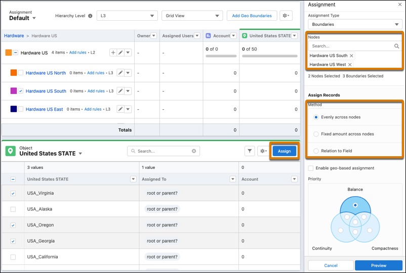 Assignment panel and its options for assignment method and priority