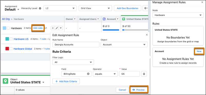 Rule and criteria for assigning records throughout the hierarchy