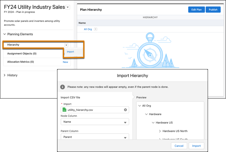 Option to import a CSV file that contains hierarchy data