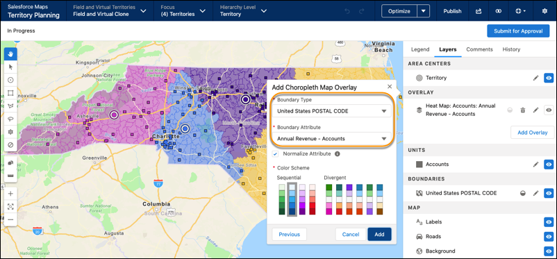 Choropleth map defined to show annual revenue aggregated for accounts by postal code