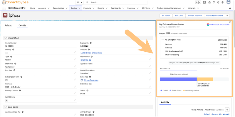 Access the commission estimate from a quote.