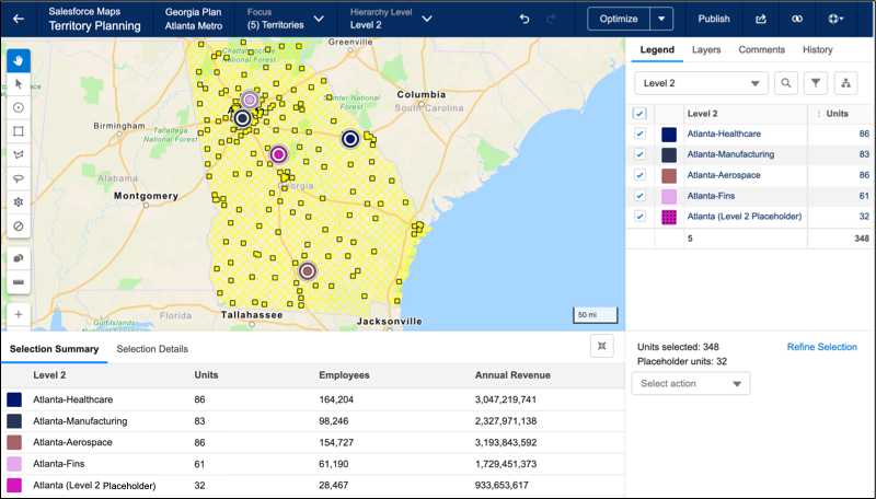 Selection summary showing territories and metrics