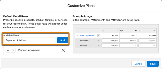 Custom rows that address revenue or losses as they relate to quota attainment