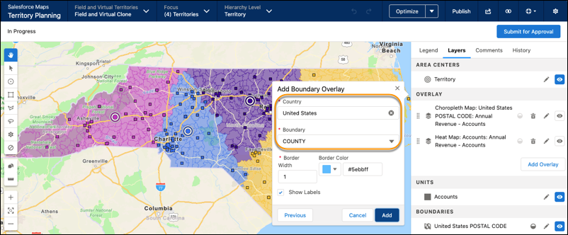 Boundary overlay defined to show county lines on a United States map