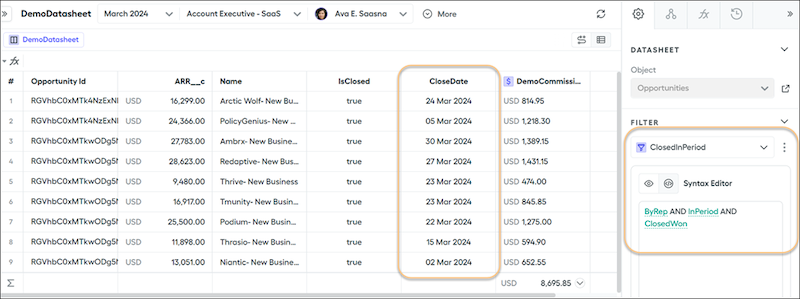 Datasheet with a ClosedInPeriod data filter