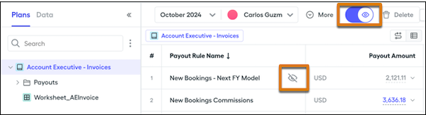 Icono y conmutador de plan oculto en un plan