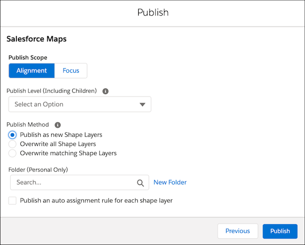 Opciones de publicación para Salesforce Maps