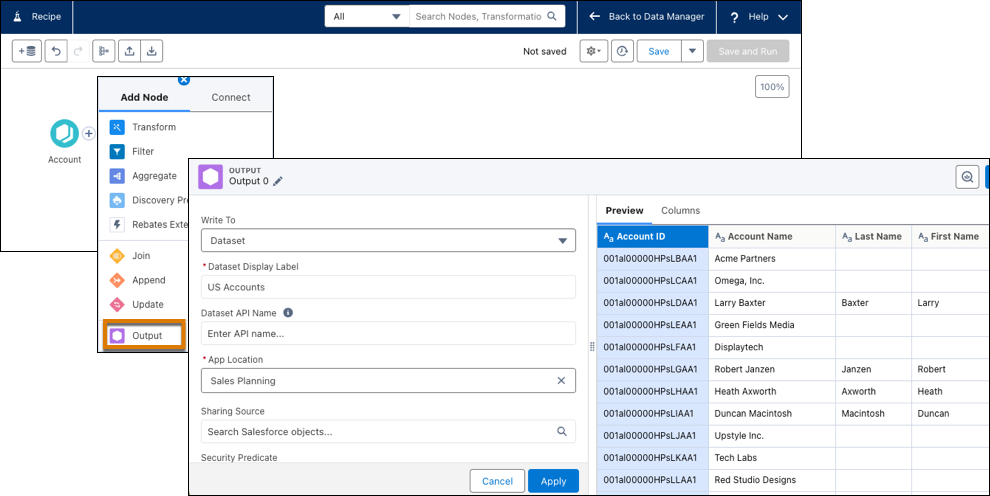 Sales Planning -datajoukon tulosten tallennusvaihtoehdot