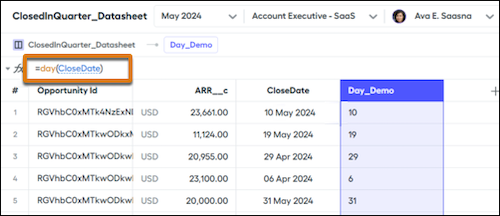 Esempio della funzione giorno con valori CloseDate