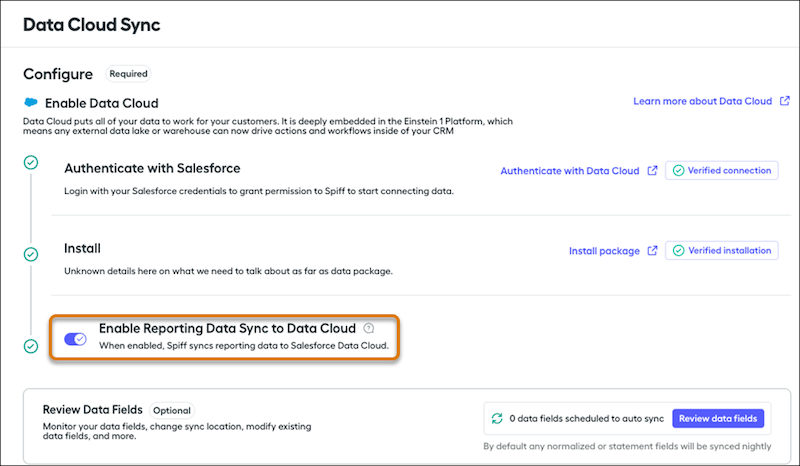 Schakel Rapportagegegevenssynchronisatie naar Data Cloud in Spiff in.