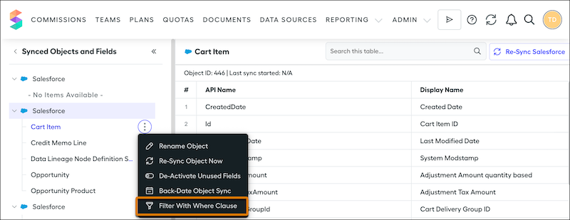 Um objeto do Salesforce sincronizado mostrando a opção Filtrar com cláusula Where