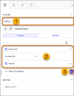 Filter panel for a new data filter