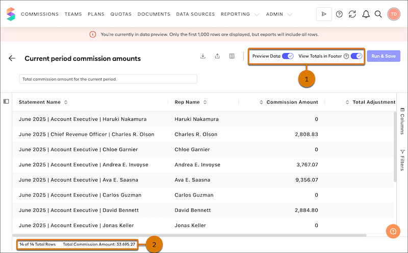 Spiff custom report, showing the View Totals in Footer option in the toolbar and the total rows and total amount in the footer