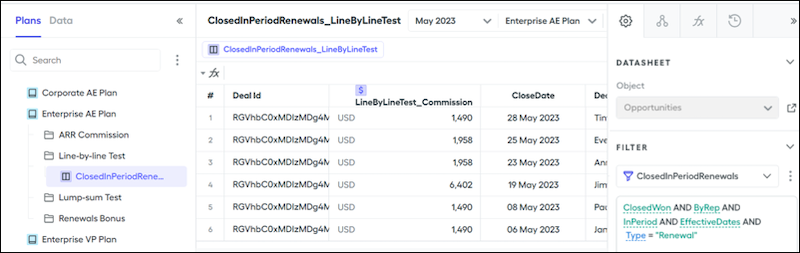 Una hoja de datos como parte de un plan de comisión