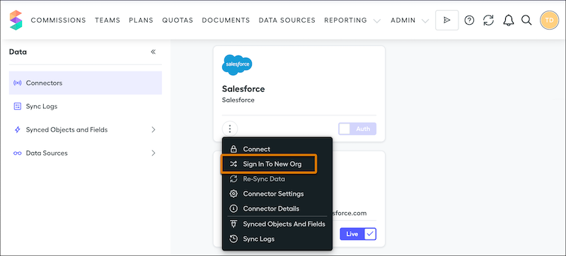 Un connecteur Salesforce montrant l'option de connexion à une nouvelle organisation
