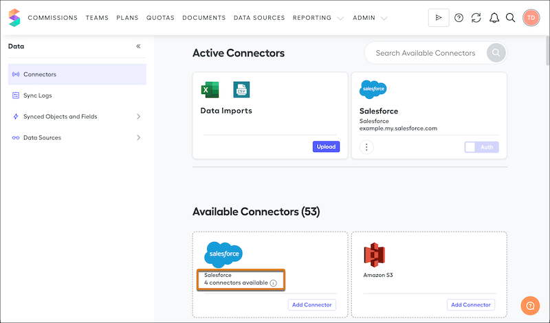 La page Connecteurs sous l'onglet Administrateur, montrant l'option de configuration de connecteurs Salesforce supplémentaires