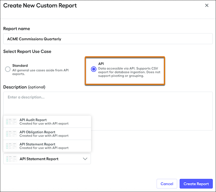 La fenêtre Nouveau rapport personnalisé dans Spiff, montrant le cas d'utilisation du rapport d'API