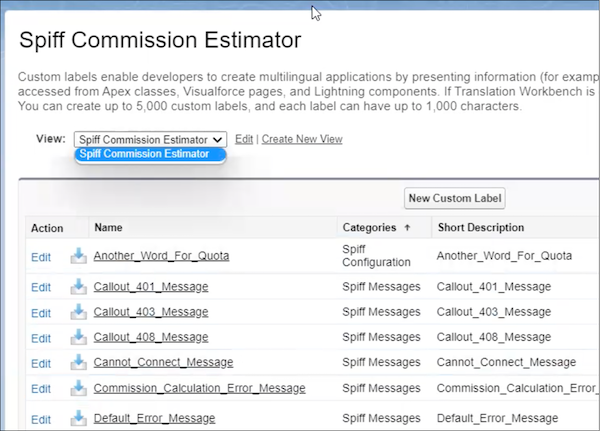 Visualizzazione etichette personalizzate Spiff Commission Estimator