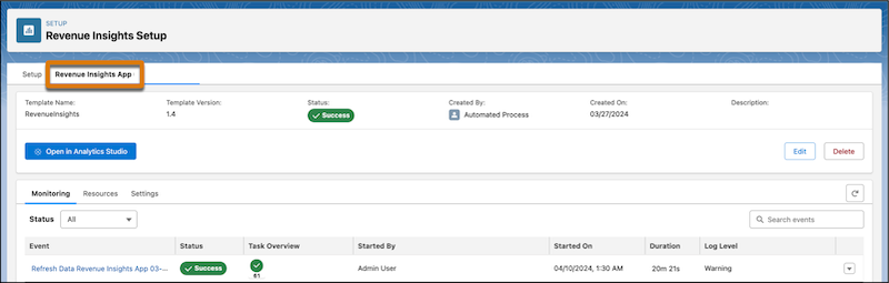 L'onglet Gestion de l'application d'une instance Connaissances du revenu.