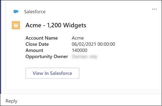 Viser en salgsmulighedsregistrering med detaljer i et team-chatvindue med mulighed for at se hele registreringen i Salesforce