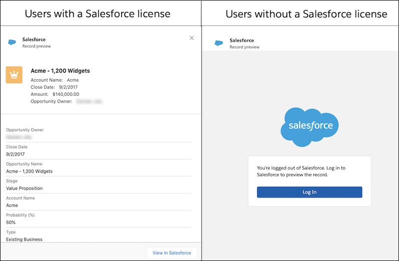 Viser en registreringsdetalje for brugere med en licens og en Salesforce-loginside for brugere uden en licens